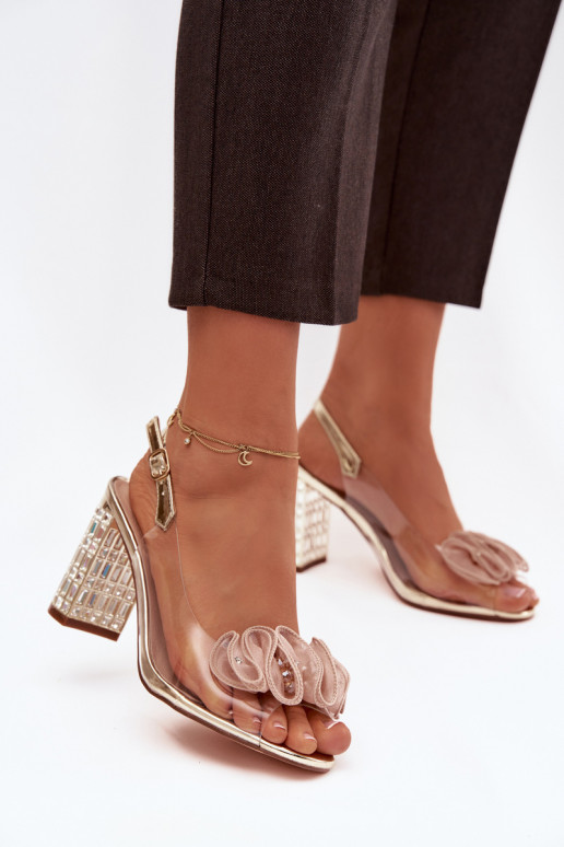 sandaalid kõrge jämeda kontsaga kristallidega D&A MR52-237 Kuldset värvi