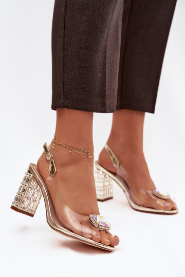 Külgedelt läbipaistvad sandaalid kõrge jämeda kontsaga kristallidega D&A MR52-239 Kuldset värvi