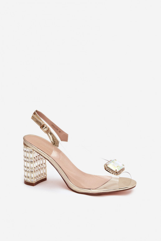 Külgedelt läbipaistvad sandaalid kõrge jämeda kontsaga kristallidega D&A MR52-239 Kuldset värvi