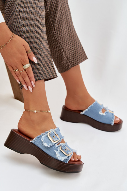 Naistel platvormiga sussid kuldse värvi sinise värvi pandlatega Renelisse