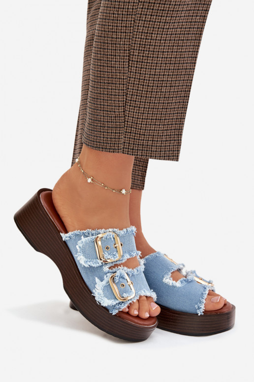 Naistel platvormiga sussid kuldse värvi sinise värvi pandlatega Renelisse