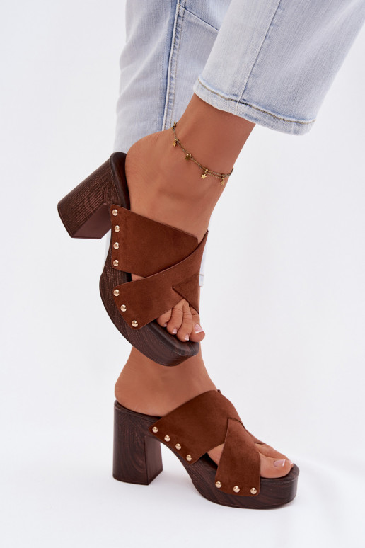 naiste plätud kõrge jämeda kontsaga Ze Kuldset värvimi Pealastud pruunid värvi Nerelle