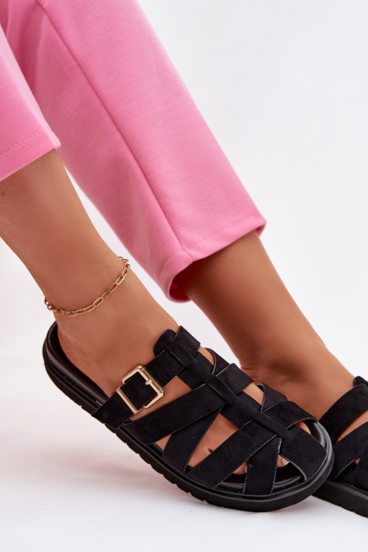 Naistelikkud sussid rihmade ja kuldsete kinnitustega must värv Roselisse