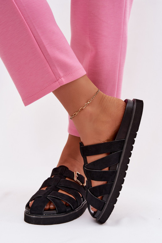 Naistelikkud sussid rihmade ja kuldsete kinnitustega must värv Roselisse