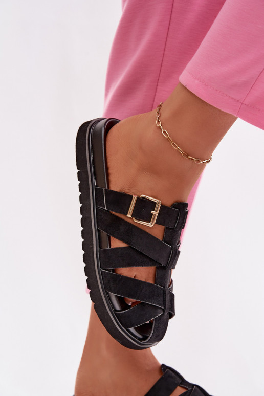 Naistelikkud sussid rihmade ja kuldsete kinnitustega must värv Roselisse