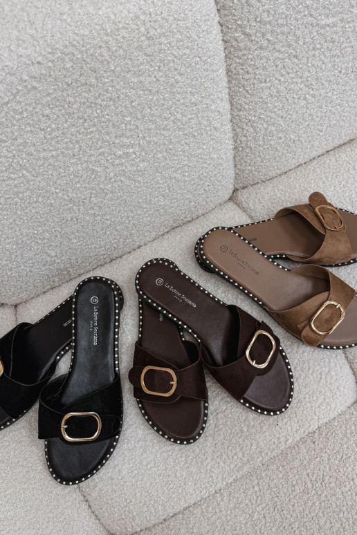 Naistelikkud sussid laia kontsaga ja kuldsete kinnitustega must värv Selivelle