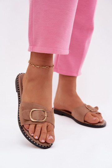 Naistelikkud sussid laia kontsaga ja kuldsete kinnitustega pruuni värv Selivelle