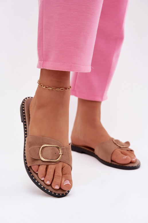 Naistelikkud sussid laia kontsaga ja kuldsete kinnitustega pruuni värv Selivelle