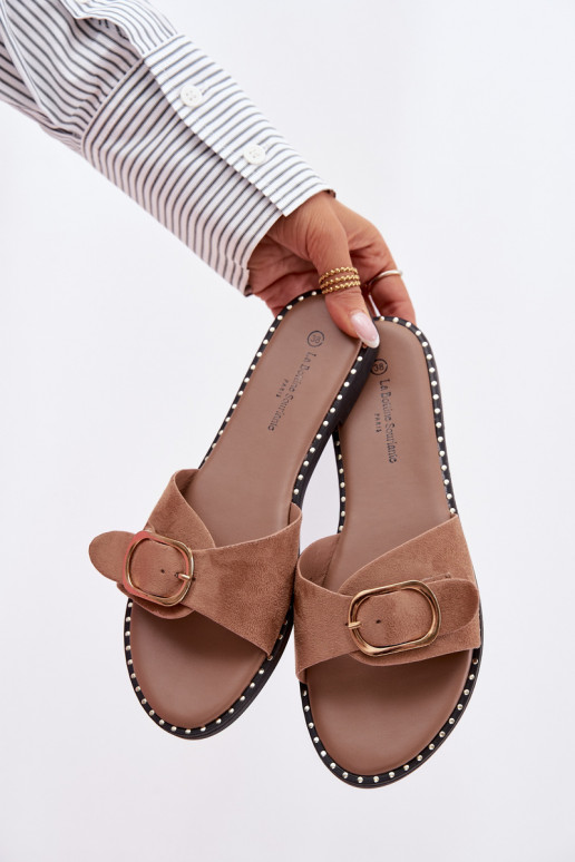 Naistelikkud sussid laia kontsaga ja kuldsete kinnitustega pruuni värv Selivelle