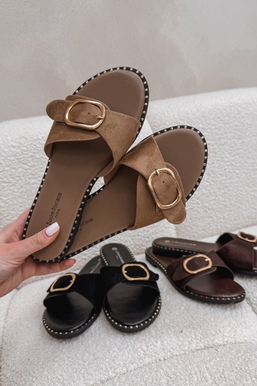 Naistelikkud sussid laia kontsaga ja kuldsete kinnitustega pruuni värv Selivelle