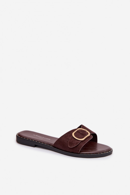 Naistelikkud sussid laia kontsaga ja kuldsete kinnitustega šokolaadi värv Selivelle