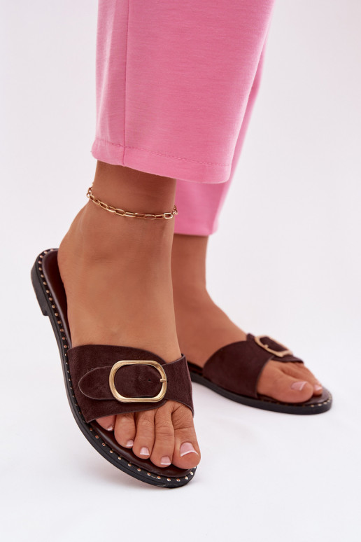 Naistelikkud sussid laia kontsaga ja kuldsete kinnitustega šokolaadi värv Selivelle