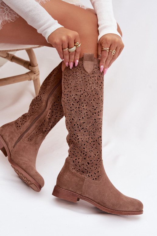 Ažuurne naiste pika säärega saapad laiade nööridega S.Barski HY61-8023 pruunid värvi