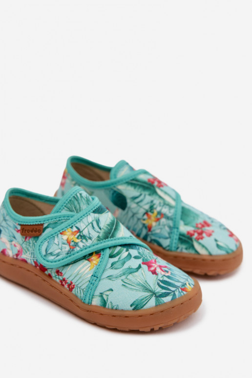 Plätud Laste jalanõud krõpsudega kinnitatav Barefoot Lilled Liście Froddo G1700438-14 mündiroheline