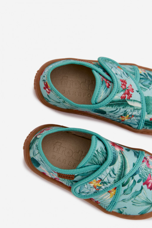 Plätud Laste jalanõud krõpsudega kinnitatav Barefoot Lilled Liście Froddo G1700438-14 mündiroheline