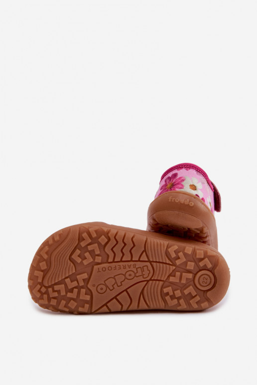Plätud Laste jalanõud krõpsudega kinnitatav lilledega Barefoot Froddo Cannvas G1700439-4 Tumeroosad värvi