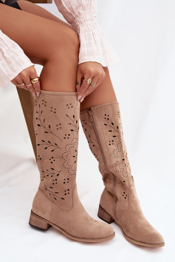 Khaki värvi naiste üle põlve saapad aukude elementidega Helinna