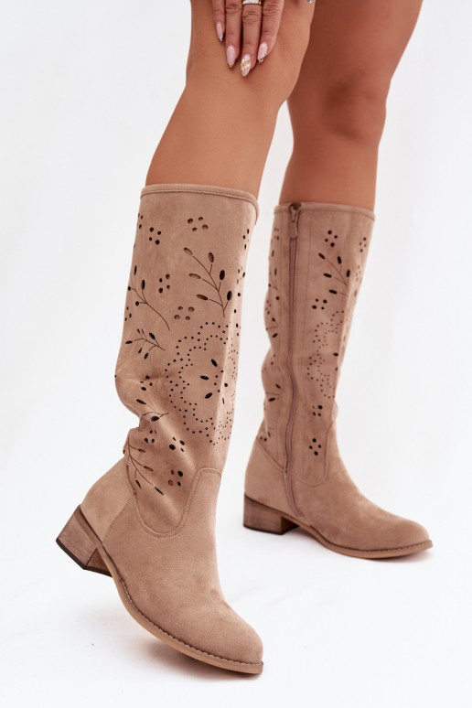Khaki värvi naiste üle põlve saapad aukude elementidega Helinna