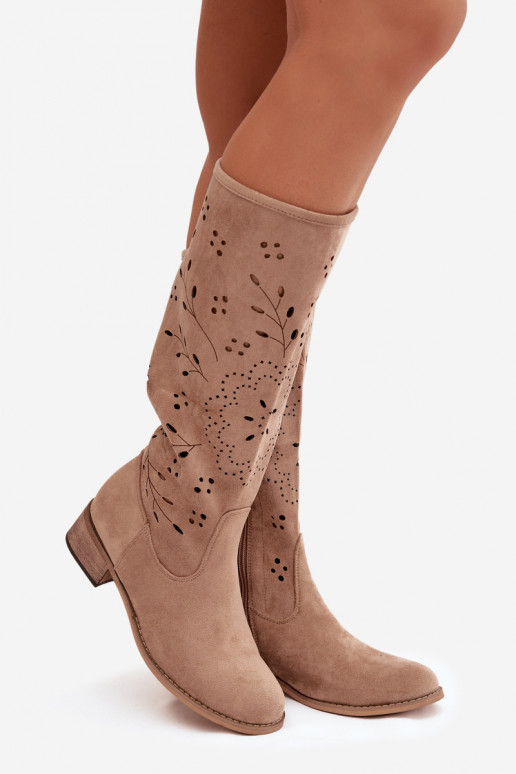 Khaki värvi naiste üle põlve saapad aukude elementidega Helinna