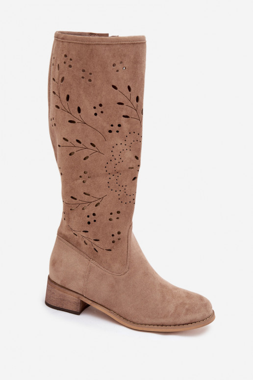 Liivavärvi naiste üle põlve saapad aukude elementidega Helinna