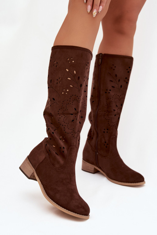 Šokoladitooni naiste pikad saapad avatud mustriga Helinna