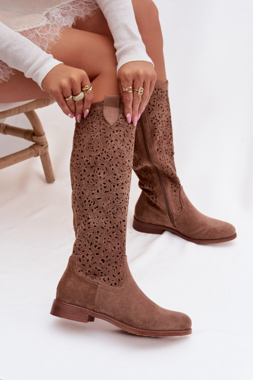 Ažuurne naiste pika säärega saapad laiade nööridega S.Barski HY61-8023 pruunid värvi