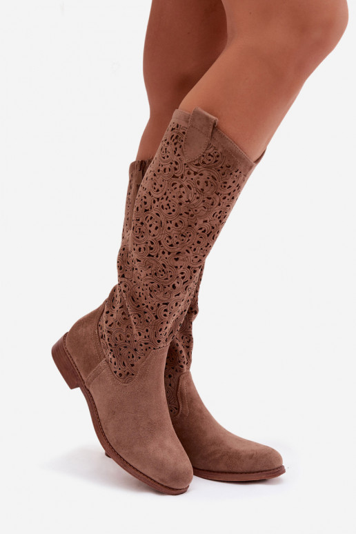 Ažuurne naiste pika säärega saapad laiade nööridega S.Barski HY61-8023 pruunid värvi