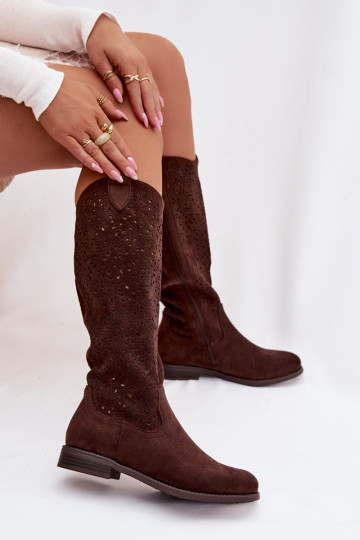 Ažuurne naiste pika säärega saapad laiade nööridega S.Barski HY61-8023 Czekoladosissee