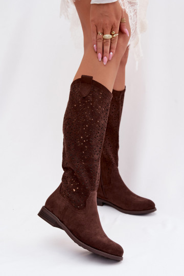 Ažuurne naiste pika säärega saapad laiade nööridega S.Barski HY61-8023 Czekoladosissee 2