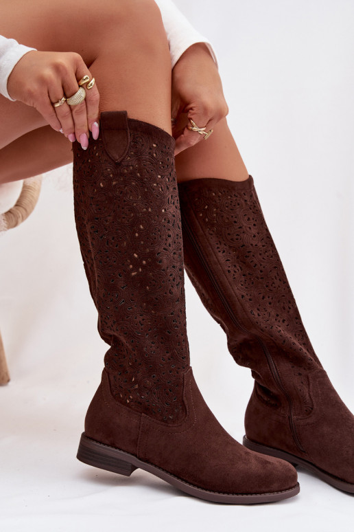 Ažuurne naiste pika säärega saapad laiade nööridega S.Barski HY61-8023 Czekoladosissee