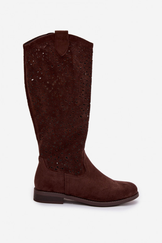 Ažuurne naiste pika säärega saapad laiade nööridega S.Barski HY61-8023 Czekoladosissee