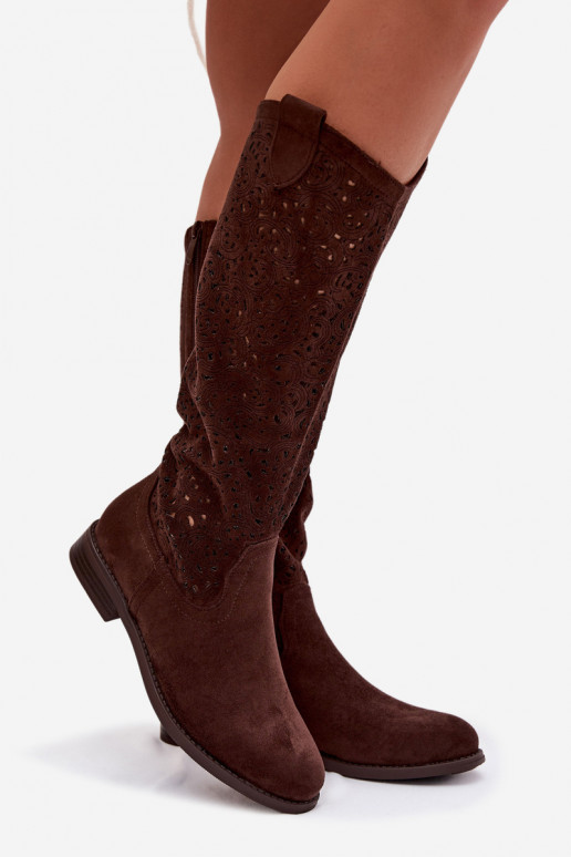 Ažuurne naiste pika säärega saapad laiade nööridega S.Barski HY61-8023 Czekoladosissee