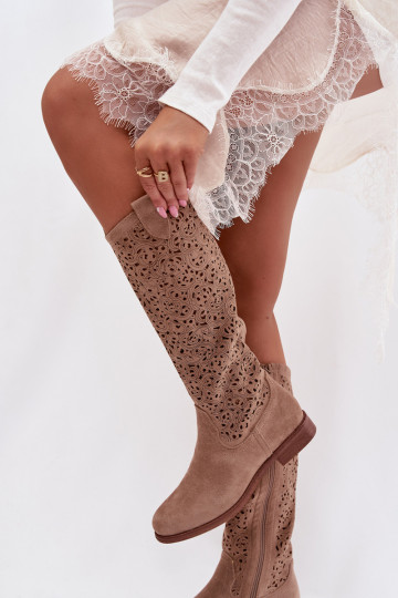 Ažuurne naiste pika säärega saapad laiade nööridega S.Barski HY61-8023 beeži värvi 2