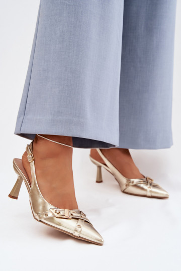 Pealistesandaalid kõrge jämeda kontsaga Triipudega I neetide ja pandlaga Kuldset värvi Parina 2