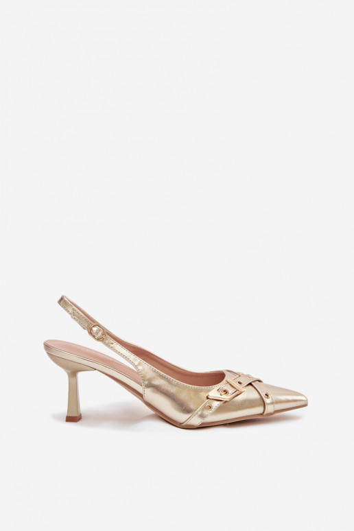 Pealistesandaalid kõrge jämeda kontsaga Triipudega I neetide ja pandlaga Kuldset värvi Parina