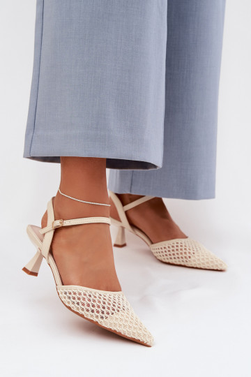 Pealistesandaalid kõrge jämeda kontsaga võrguga Elevandiluu värvi Brilora