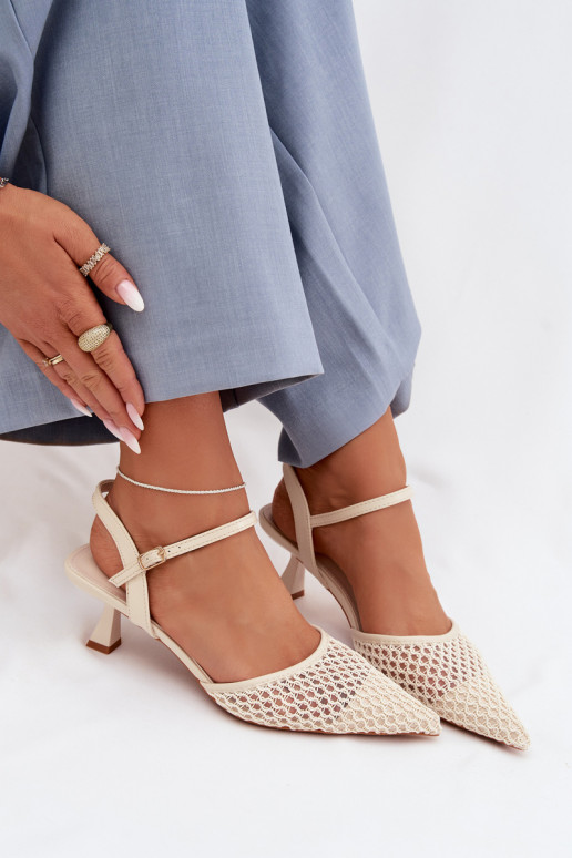 Pealistesandaalid kõrge jämeda kontsaga võrguga Elevandiluu värvi Brilora
