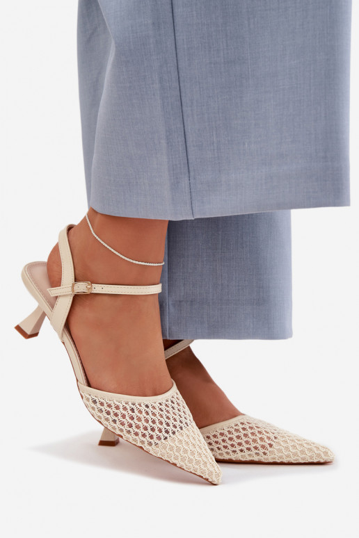 Pealistesandaalid kõrge jämeda kontsaga võrguga Elevandiluu värvi Brilora