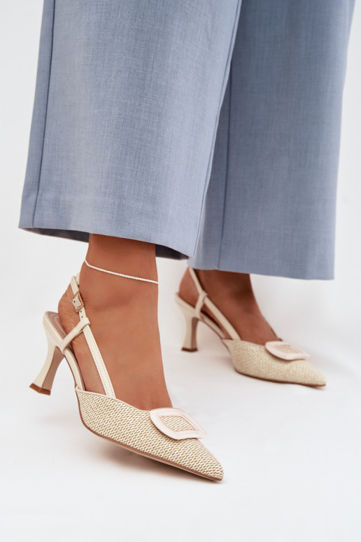 Pealistesandaalid kõrge jämeda kontsaga Koos Ornate Element beeži värvi Eslina