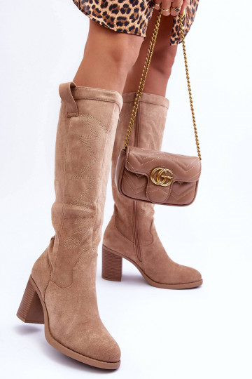 seemisnakhsed naiste pika säärega saapad kõrge jämeda kontsaga beeži värvi Khabira 2