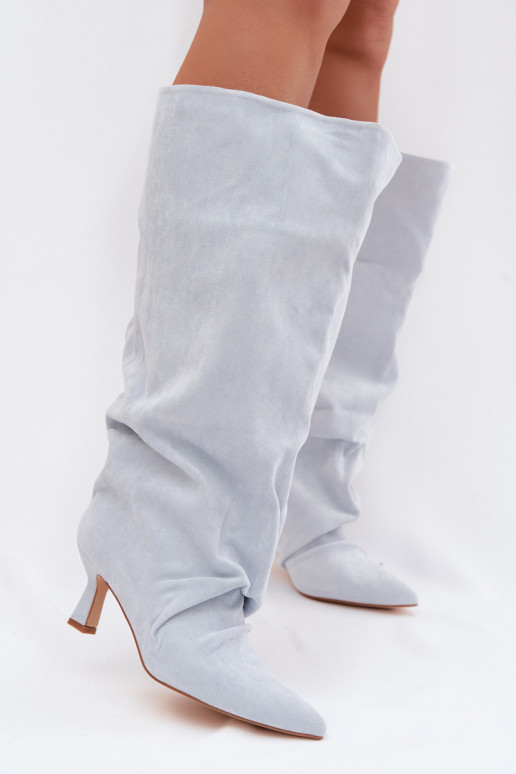 pika säärega saapadSzeroką Cholesisseką I Sellel onrszczeniem kõrge jämeda kontsaga helesinist värvi Harela