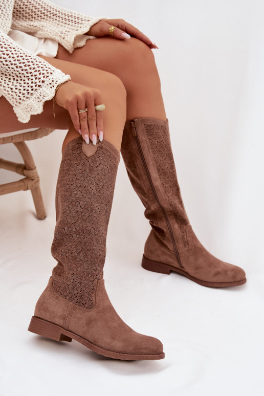 naiste pika säärega saapad Ažuurse mustriga laiade nööridega S.Barski HY61-8022 pruunid värvi