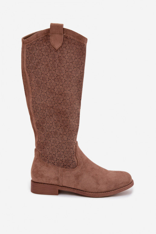 naiste pika säärega saapad Ažuurse mustriga laiade nööridega S.Barski HY61-8022 pruunid värvi