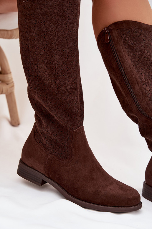 naiste pika säärega saapad Ažuurse mustriga laiade nööridega S.Barski HY61-8022 Czekoladosissee