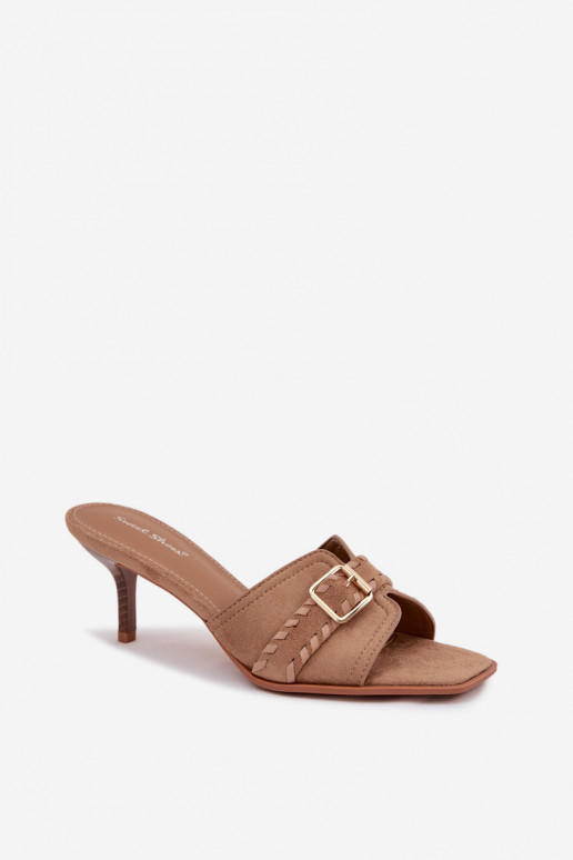 naiste plätud kõrge jämeda kontsaga rihmadega I Złotą neetide ja pandlaga beeži värvi Jelira