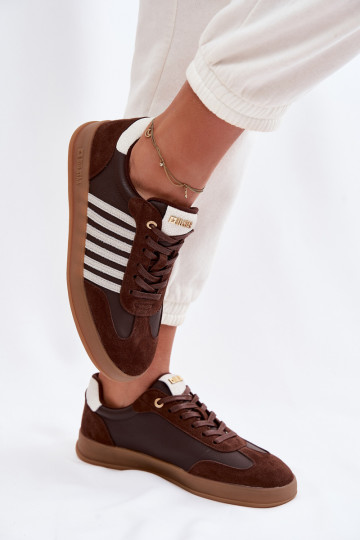 Naistelikkud sneakers-mudeli kingad naturaalsest nahast ja sametist Big Star TT274715 šokolaadi värv