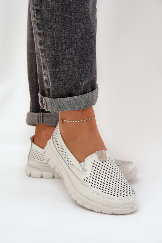 Valgus Pealhk Ažuurne Kullatud tallaga naiste mokassiinid valget värvi Tanelora