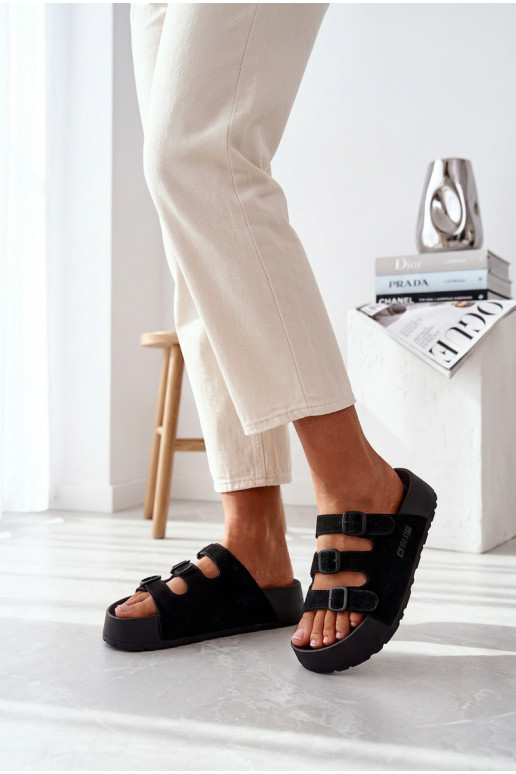 Big Star TT274531 naiste platvormiga sussid rinna ja rihmadega musta värvi