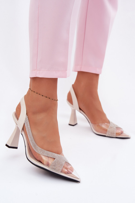 Külgedelt läbipaistvad sandaalid säravate kristallidega kõrge jämeda kontsaga Vinceza 62282 Elevandiluu värvi