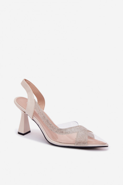Külgedelt läbipaistvad sandaalid säravate kristallidega kõrge jämeda kontsaga Vinceza 62282 Elevandiluu värvi